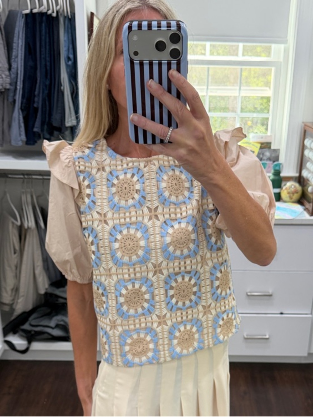Amazon Crochet-Panel Puff Sleeve Crop Top in Cream and Blue